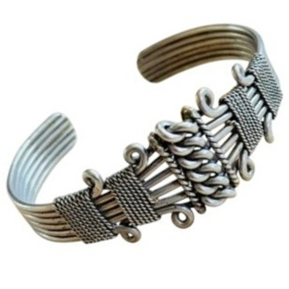 VTG Braided Brass Silver Cuff Bracelet Chunky Statement Mod Boho Retro 1970s MCM